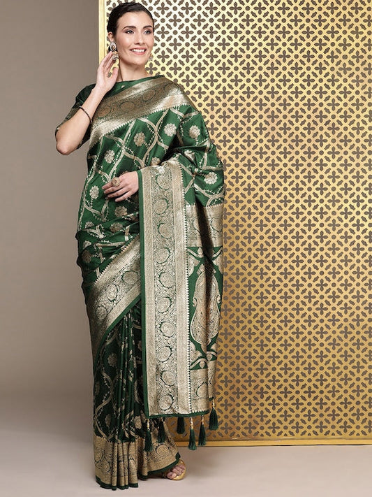 House of Pataudi Floral Zari Silk Blend Banarasi Saree