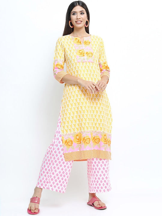 Vishudh Women Mustard & Pink Floral Printed Kurta with Palazzo and Dupatta