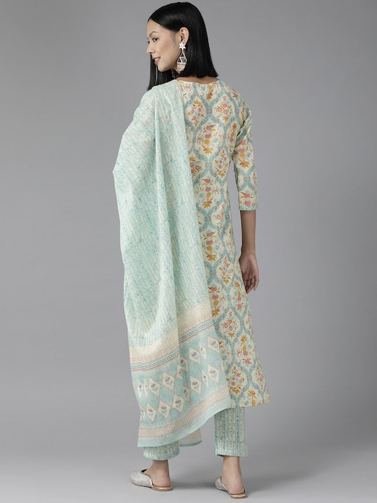 Yufta Women Off White Floral Pure Cotton Kurta with Trousers & With Dupatta