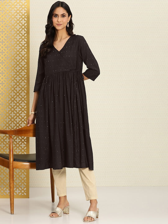 House of Pataudi Embellished Sequinned Rozana Angrakha Kurta With Tie-ups Detail