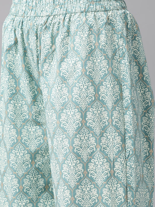 Yufta Women Blue & Off-White Printed Kurta with Palazzos & Dupatta