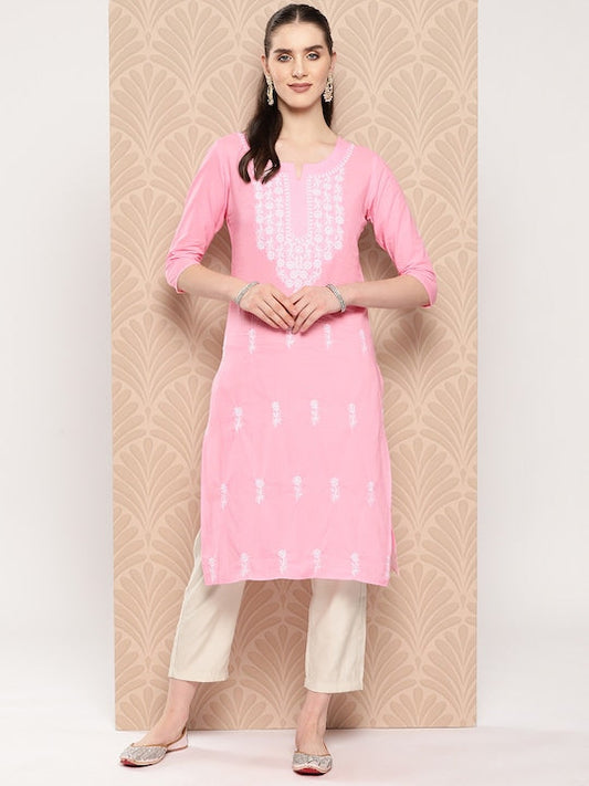 Yufta Floral Embroidered Chikankari Pure Cotton Kurta