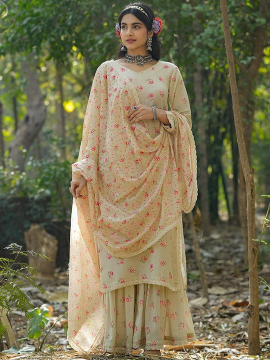 Scakhi Floral Printed Regular Sequinned Linen Kurta with Sharara & With Dupatta