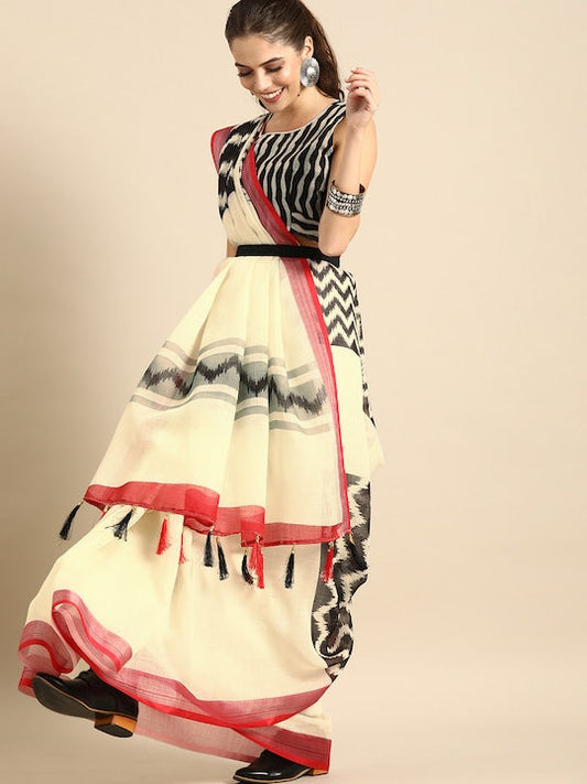 Sangria Off-White & Black Pure Linen Printed Saree