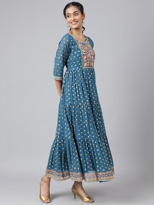 Aurelia Blue Ethnic Motifs Maxi Dress