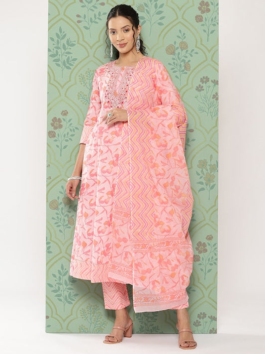 Yufta Women Floral Embroidered Gotta Patti Pure Cotton Kurta with Trousers & With Dupatta