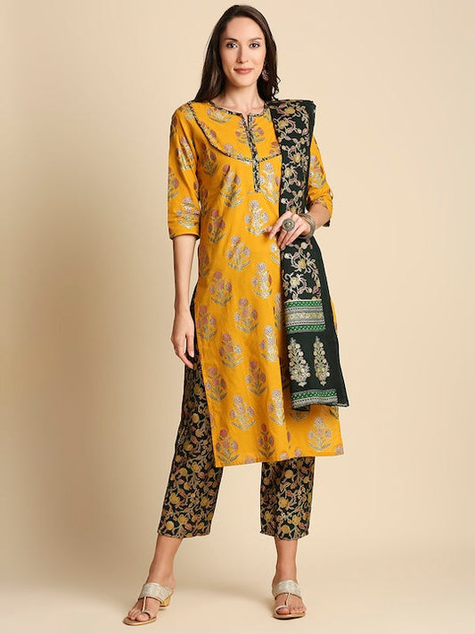 Anubhutee Women Mustard Yellow Floral Printed Layered Pure Cotton Kurta with Trousers & With Dupatta - S