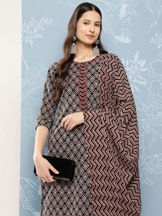 Yufta Women Printed Pure Cotton Kurta with Trousers & Dupatta