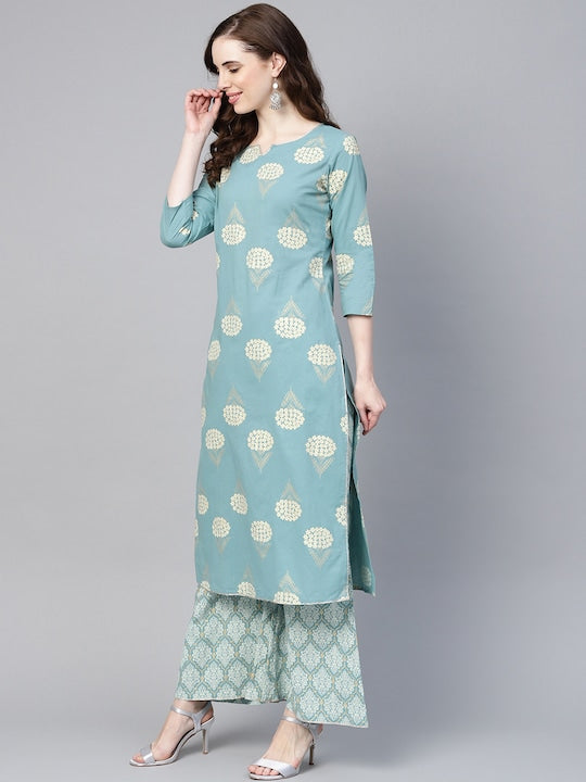 Yufta Women Blue & Off-White Printed Kurta with Palazzos