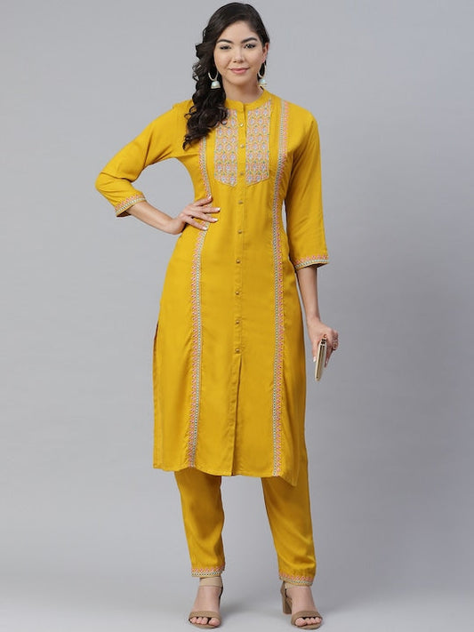 Anubhutee Women Mustard Yellow & Blue Embroidered Kurta with Trousers