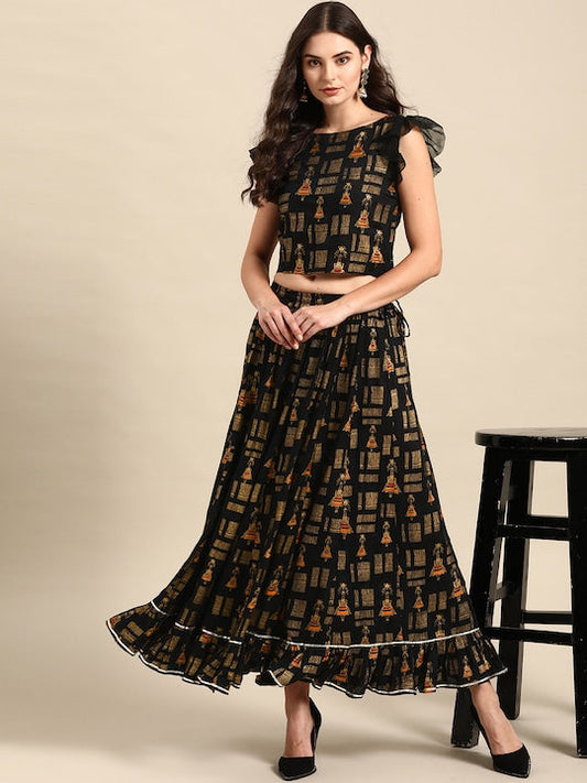 Varanga Women Black & Gold-Toned Printed Ruffled Top with Skirt