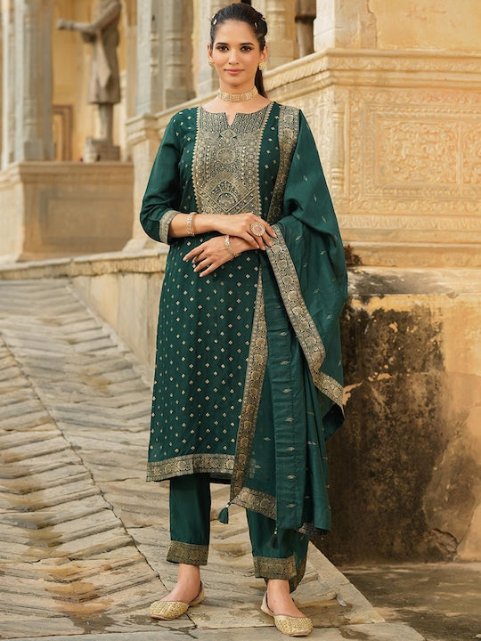 Scakhi Women Green Ethnic Motifs Pure Silk Kurta with Trousers & With Dupatta