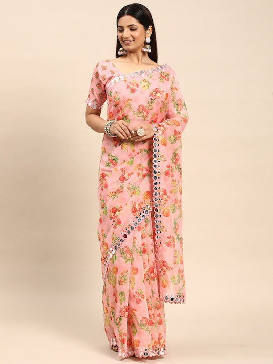 Kasee Floral Printed Mirror Work Organza Saree