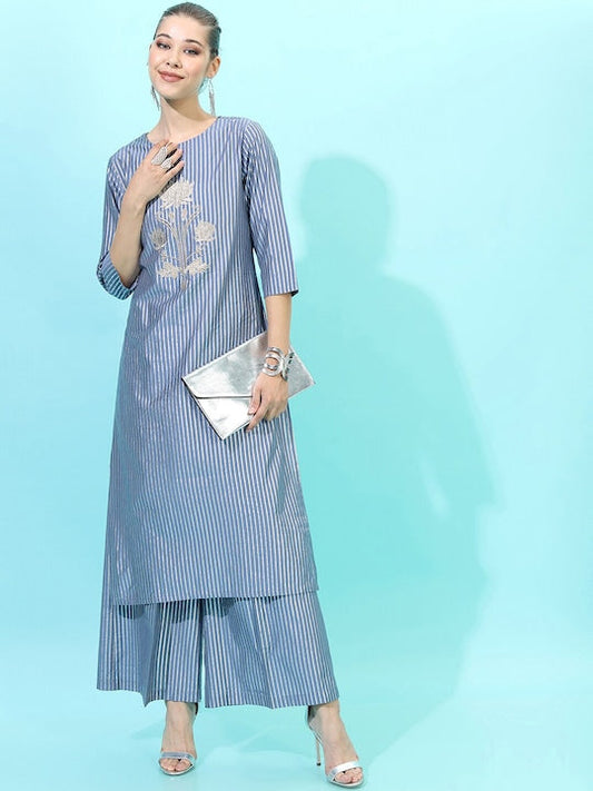Vishudh Women Blue Striped Kurta with Palazzos