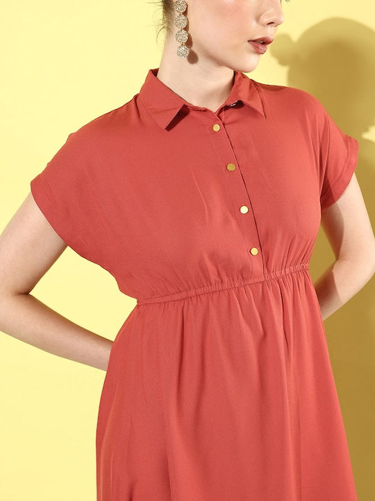 All about you Dusky Rust Shirt Collar Extended Sleeves Lace Stories Fit & Flare Dress