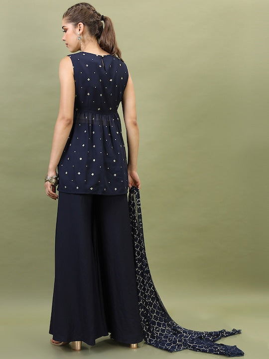 Vishudh Women Navy Blue Ethnic Motifs Embroidered Empire Kurti with Palazzos & With Dupatta
