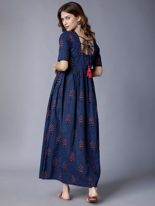 Vishudh Navy Blue Ethnic Motifs Printed Cotton Maxi Dress