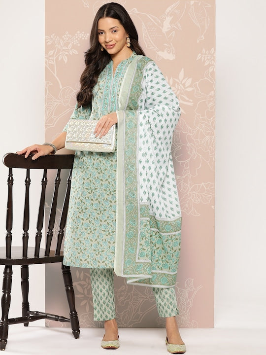 Yufta Women Floral Printed Regular Pure Cotton Kurta with Trousers & With Dupatta