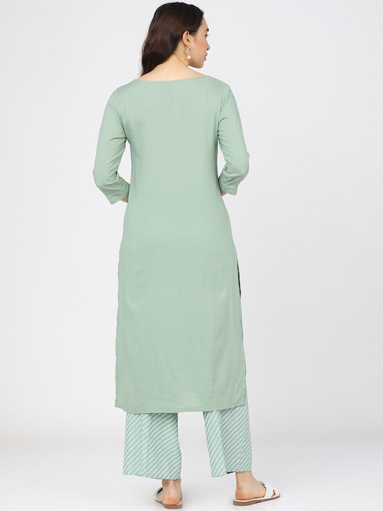 Vishudh Women Green & White Ethnic Motifs Printed Kurta