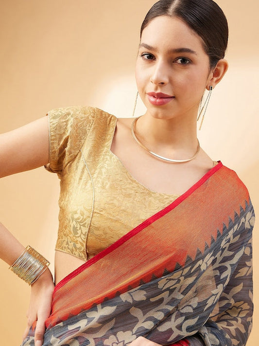All about you Grey & Orange Floral Printed Saree