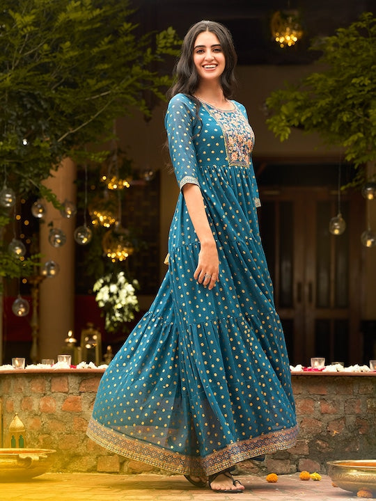 Aurelia Blue Ethnic Motifs Maxi Dress