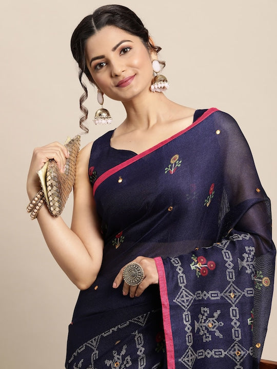 Saree mall Navy Blue & Pink Floral Jute Silk Block Print Sarees