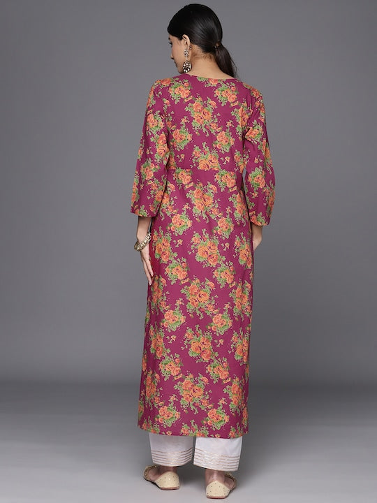 Varanga Women Pink & Orange Floral Printed Sequinned Floral Kurta