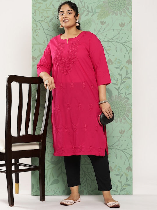 Yufta Women Plus Size Floral Embroidered Straight Kurta