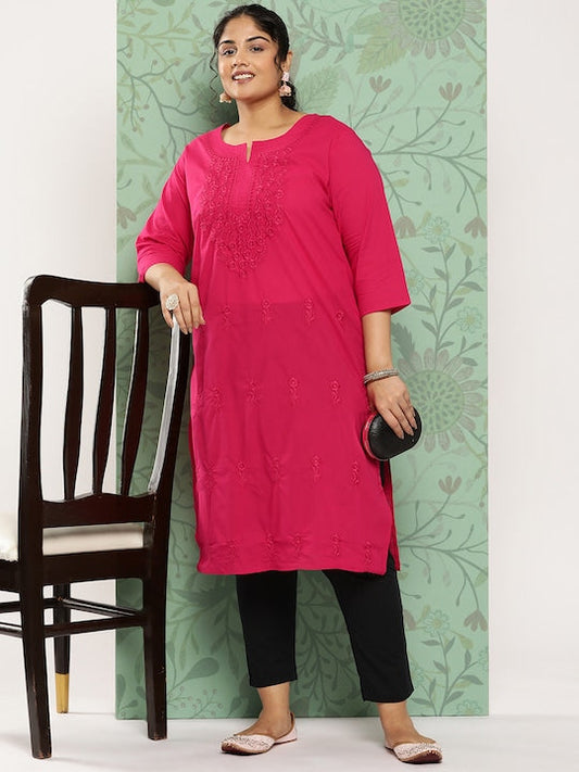 Yufta Women Plus Size Floral Embroidered Straight Kurta