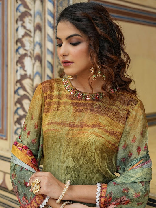 Scakhi Ethnic Motifs Embroidered Mirror Work Silk Crepe Kurta with Trousers & Dupatta