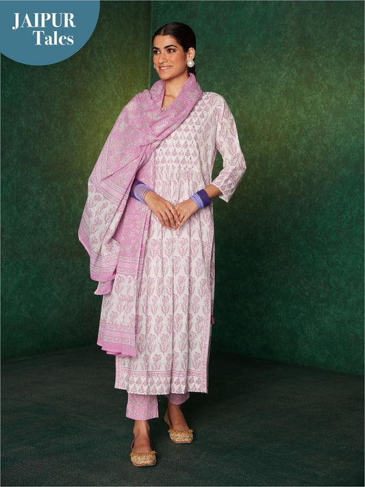Likha Inayat Yellow Jaipuri Printed Naira Cut Kurta with Pant LIKSKD134 (Set of 3) - S