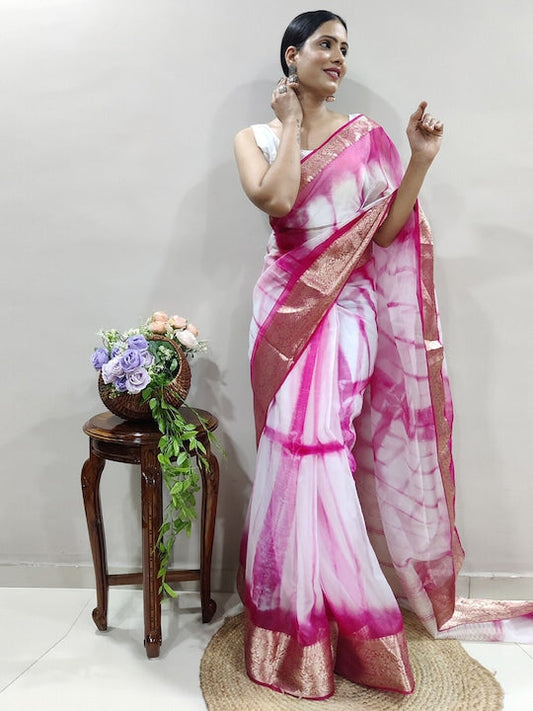 Satrani Tie & Dye Zari Organza Saree