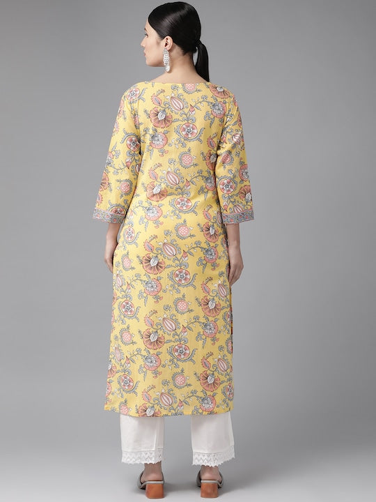 Yufta Women Yellow Floral Printed Straight Kurta