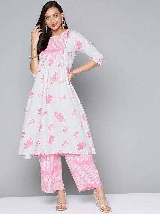 Vishudh Women Pink & White Floral Printed Kurta with Trousers