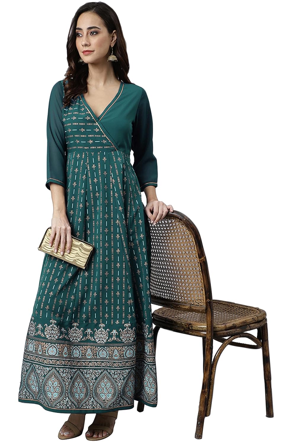 Janasya Women's Teal Crepe Tribal Print Anarkali Kurta