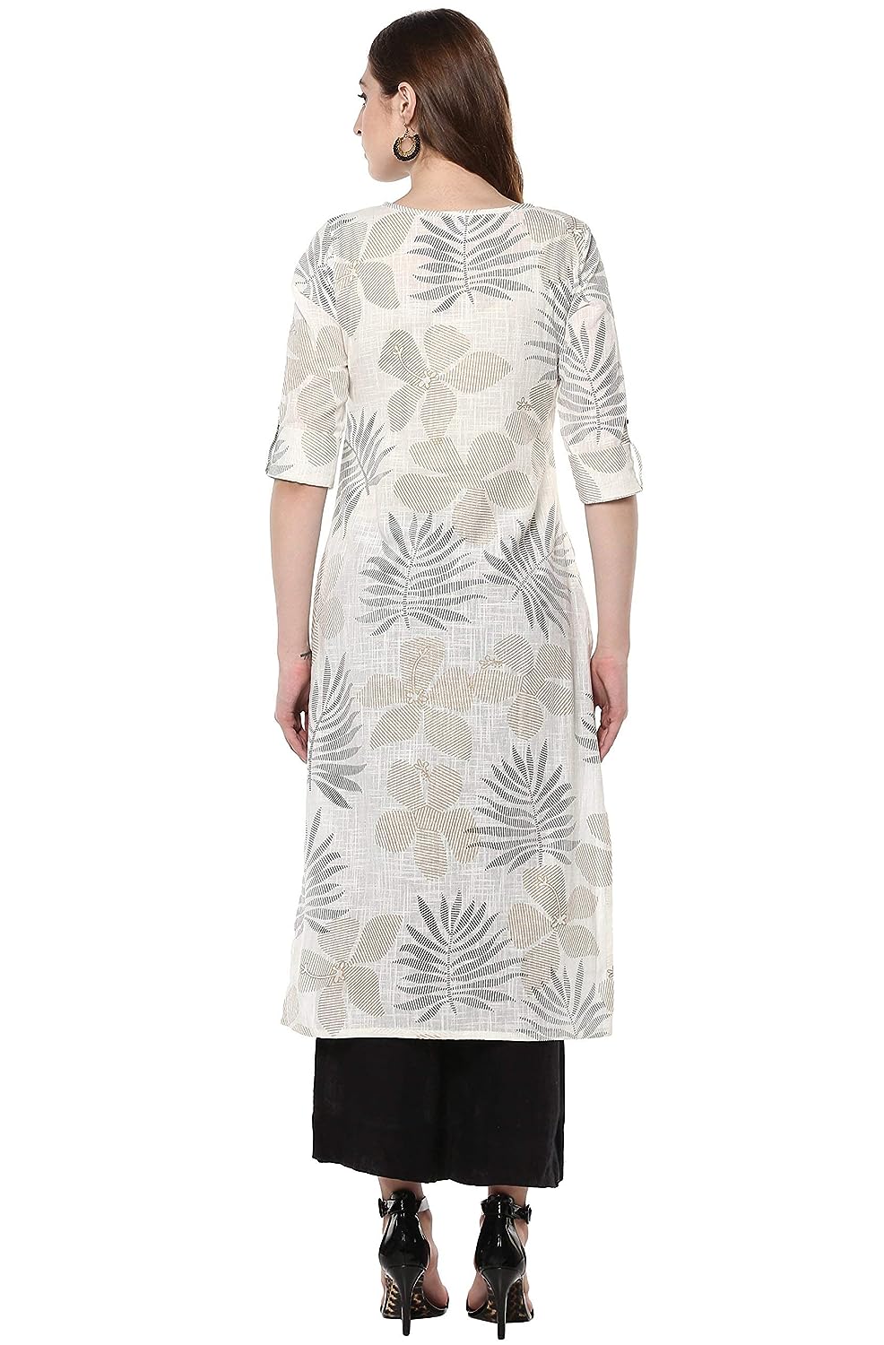 Janasya Women's Off White Cotton Foil Print Straight Kurta