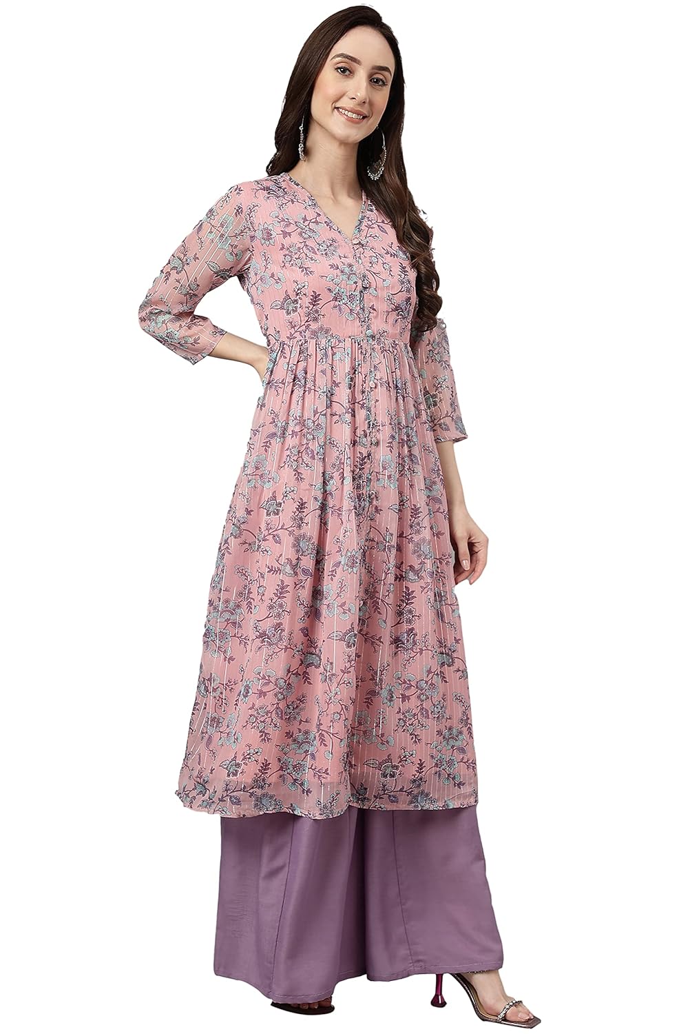 Janasya Women's Pink Chiffon Lurex Floral Printed Flared Kurta