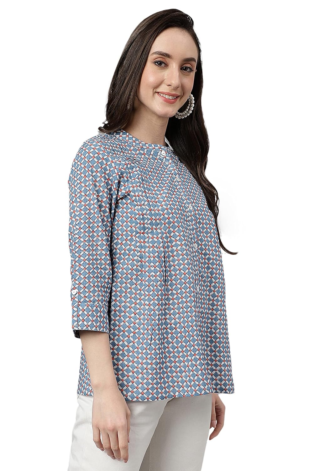 Janasya Women's Blue Cotton Printed Regular Top