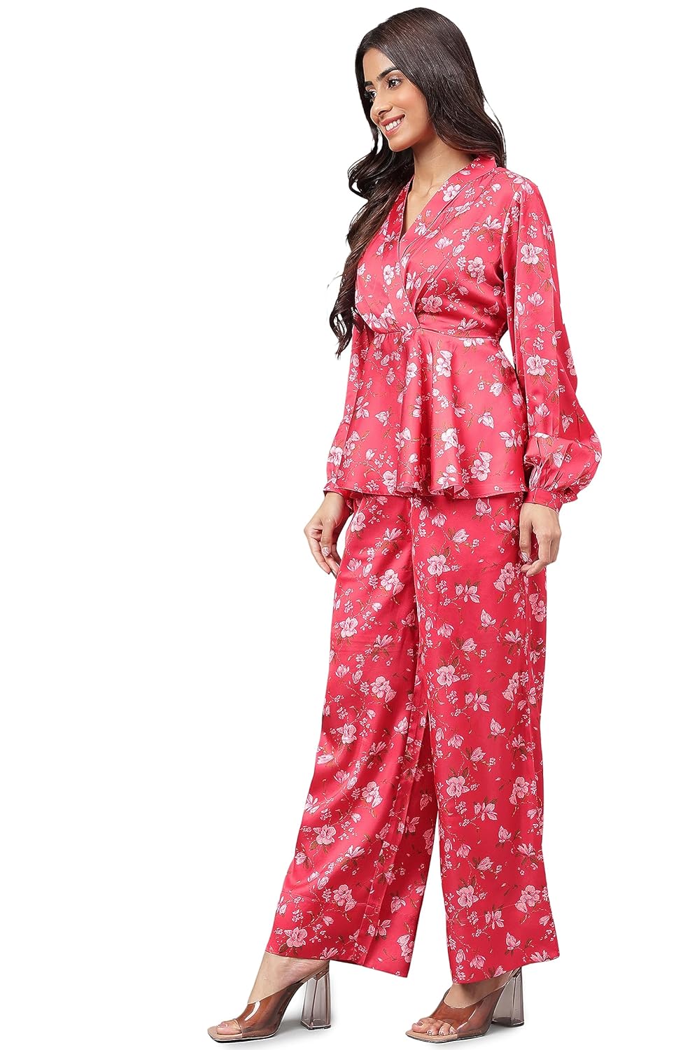 Janasya Women's Red Satin Digital Floral Printed Co-ords Set