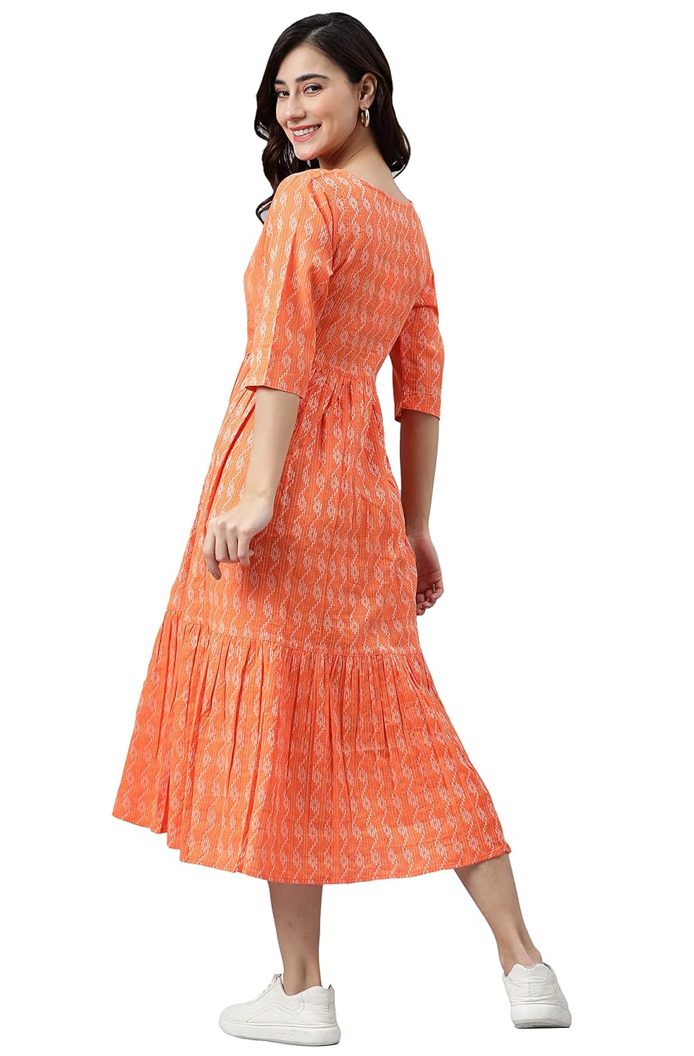 Janasya Women's Blue Cotton Woven Midi Dress Orange