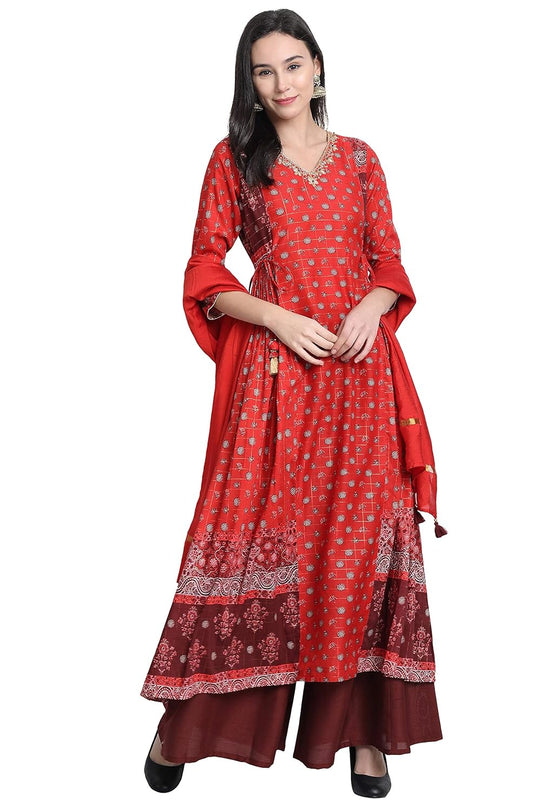 Janasya Women's Poly Muslin Orange Kurta With Palazzo and Dupatta - XS