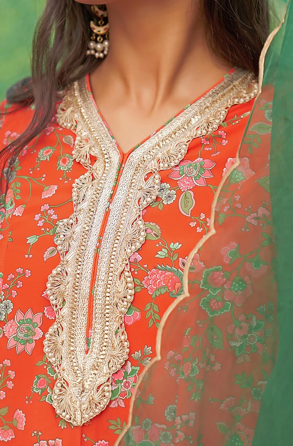 Janasya Women's Orange Georgette Botanical Printed Kurta with Palazzo and Dupatta