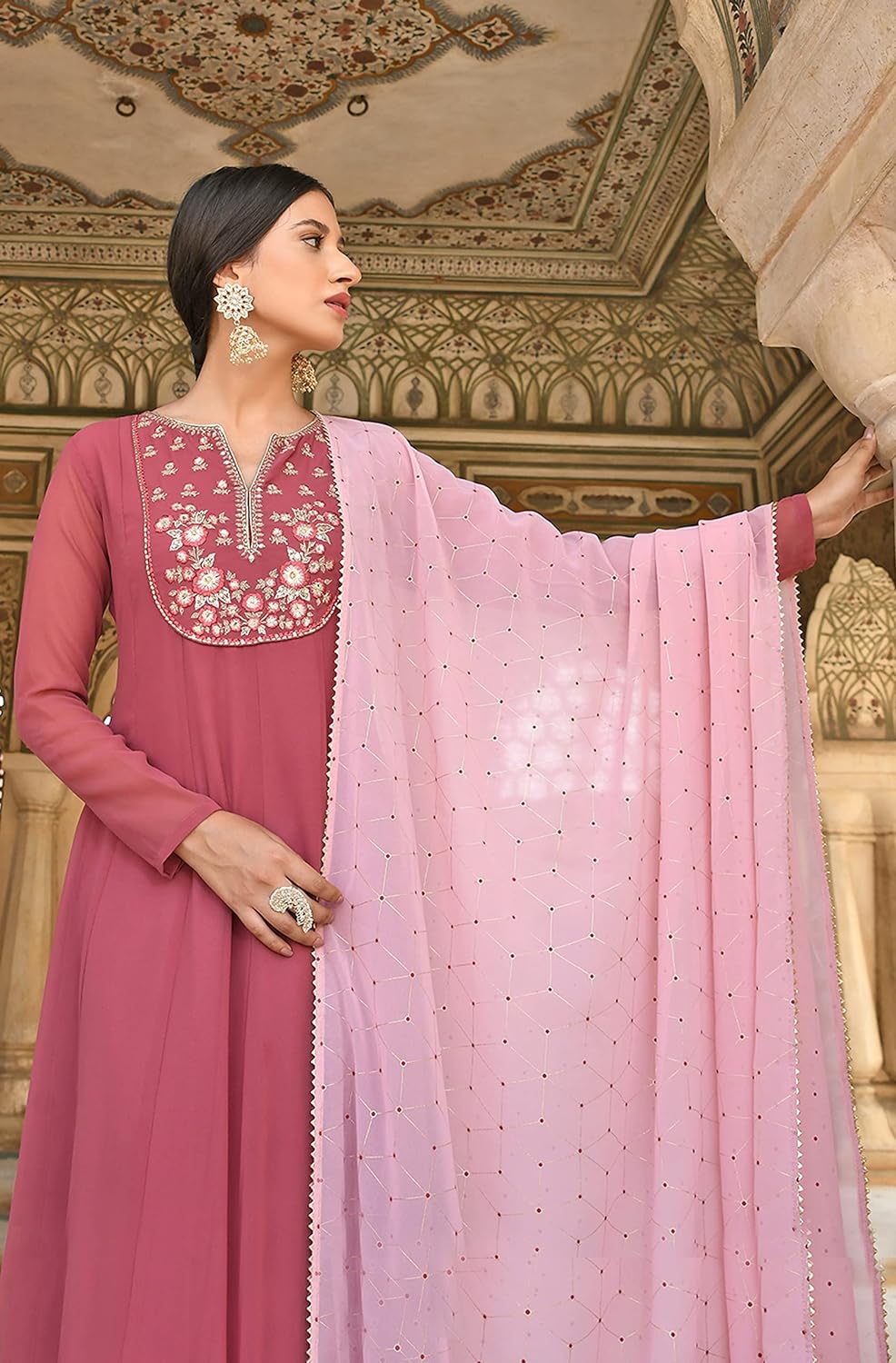 Janasya Women's Old Rose Georgette Embroidered Kurta with Dupatta