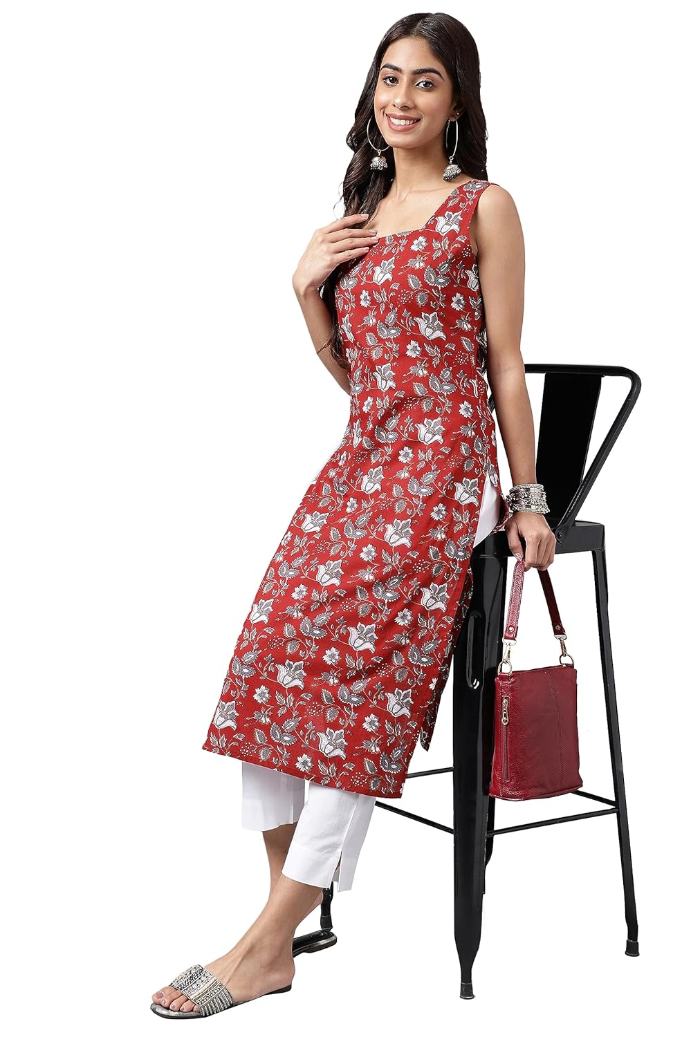 Janasya Women's Maroon Cotton Botanical Printed Straight Kurta