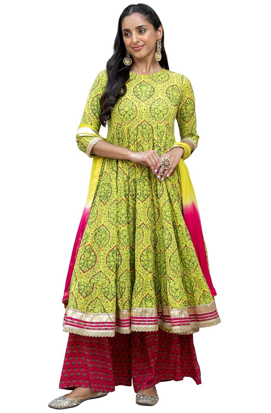 Janasya Women's Lime Green Cotton Embellished Floral Printed Kurta with Flared Palazzo and Dupatta