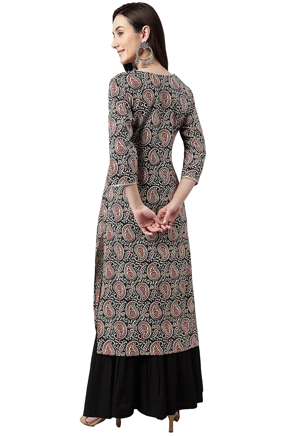Janasya Women's Black Cotton Paisley Straight Kurta