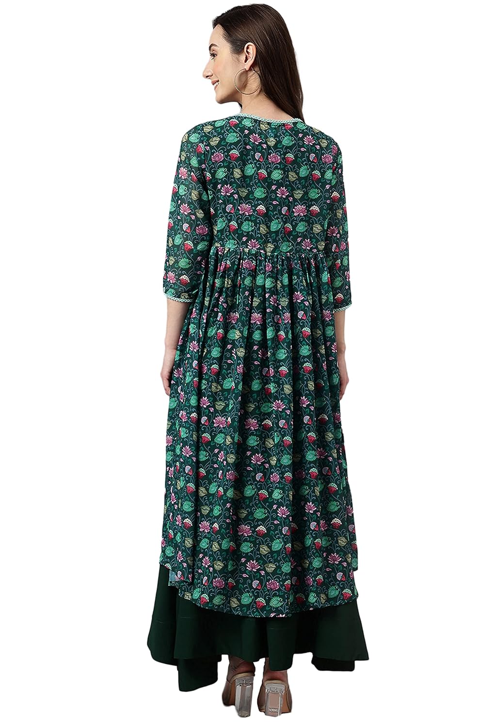 Janasya Women's Green Crepe Solid Crop Top with Skirt and Jacket