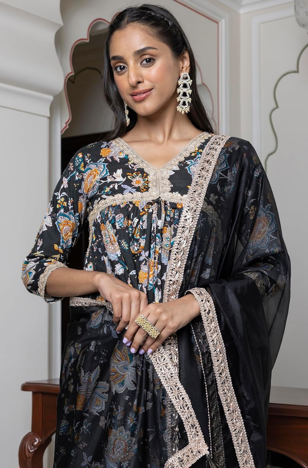 Janasya Women's Black Cotton Embellished Kurta with Palazzo and Dupatta