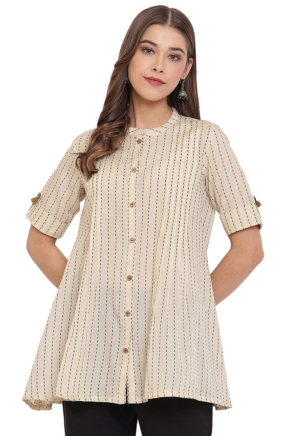 Janasya Women's Cream Pure Cotton Top