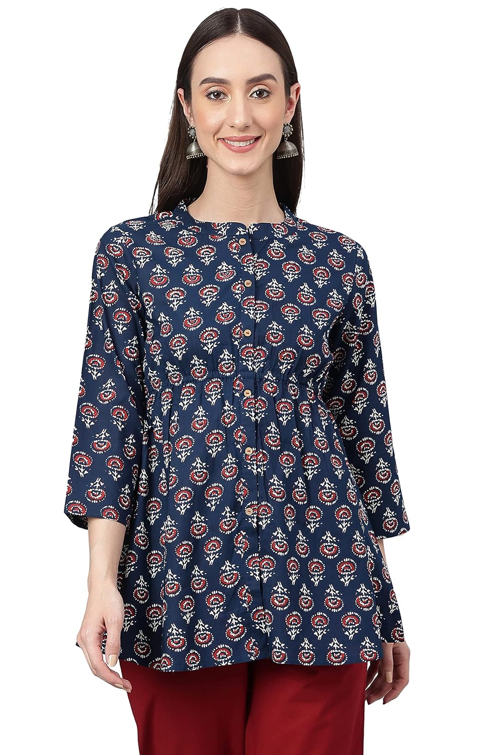 Janasya Women's Navy Blue Cotton Floral Block Print Flared Tunic